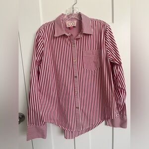 BURU Button Down Shirt M Red White Stripe Collared Blouse Preppy Classic Gold